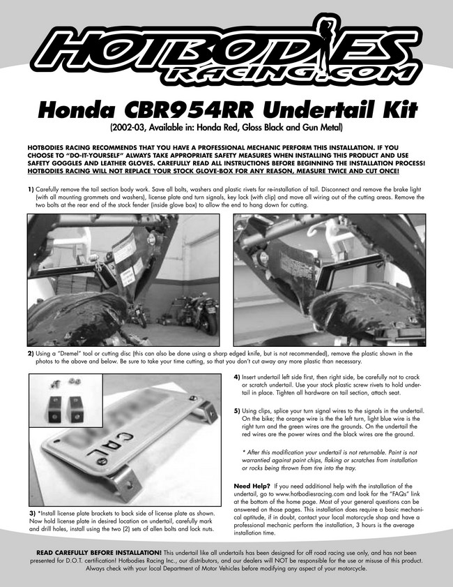 Webike Hot Bodies Racing ホットボディーズ レーシング アンダーテール フェンダーレス Cbr954rr H02rr Sb Blk フェンダーレスキット 通販