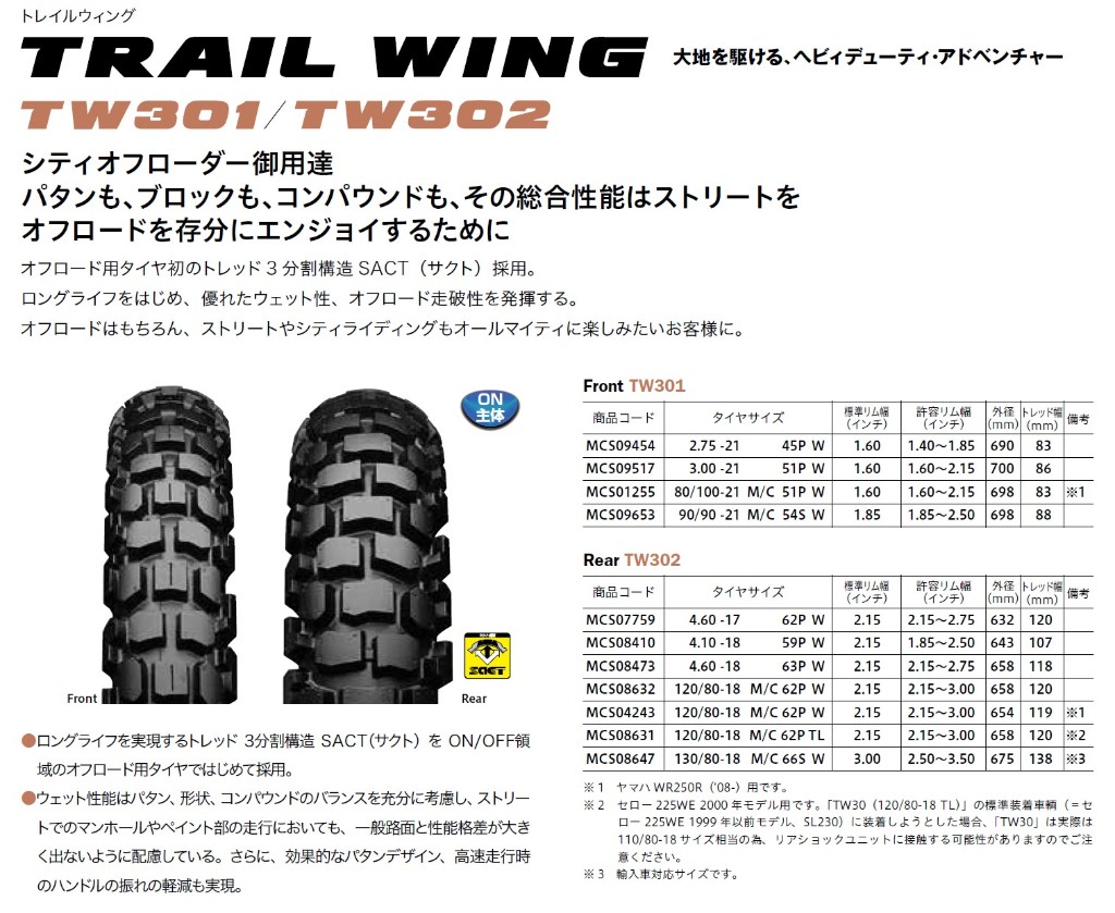 BRIDGESTONE TRAIL WING TW302 【4.60-18 63P W】越野用輪胎(MCS08473)| Webike摩托百貨