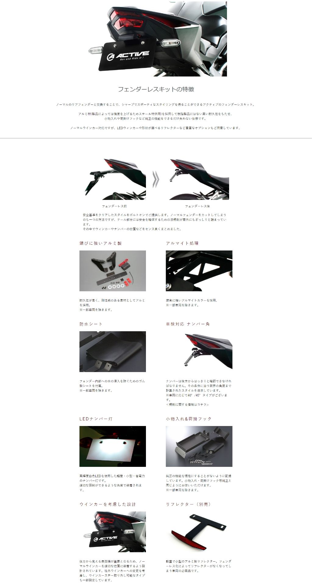 ACTIVE (アクティブ) フェンダーレスKIT LEDナンバー灯付き ブラック